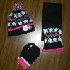 Ladies cute knitted acrylic hat scarf and mitten set with jacquard pattern